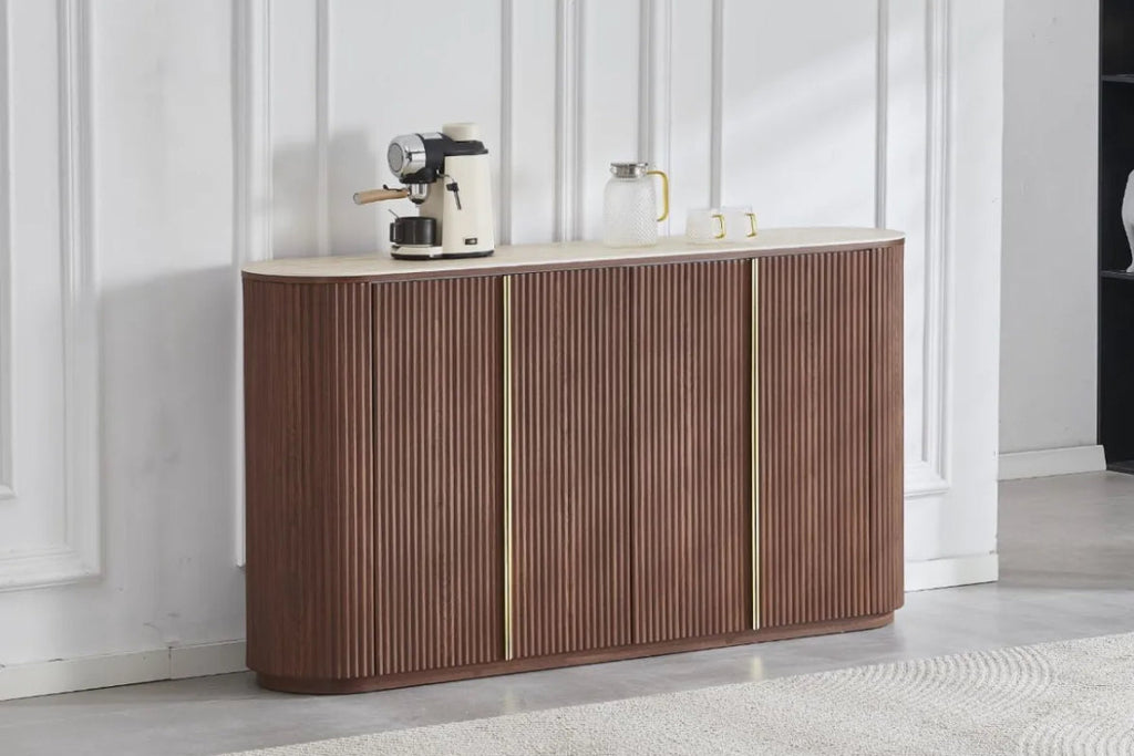 Buffet CALYPSO Céramique Travertin et Noyé – 180 cm, 4 Portes