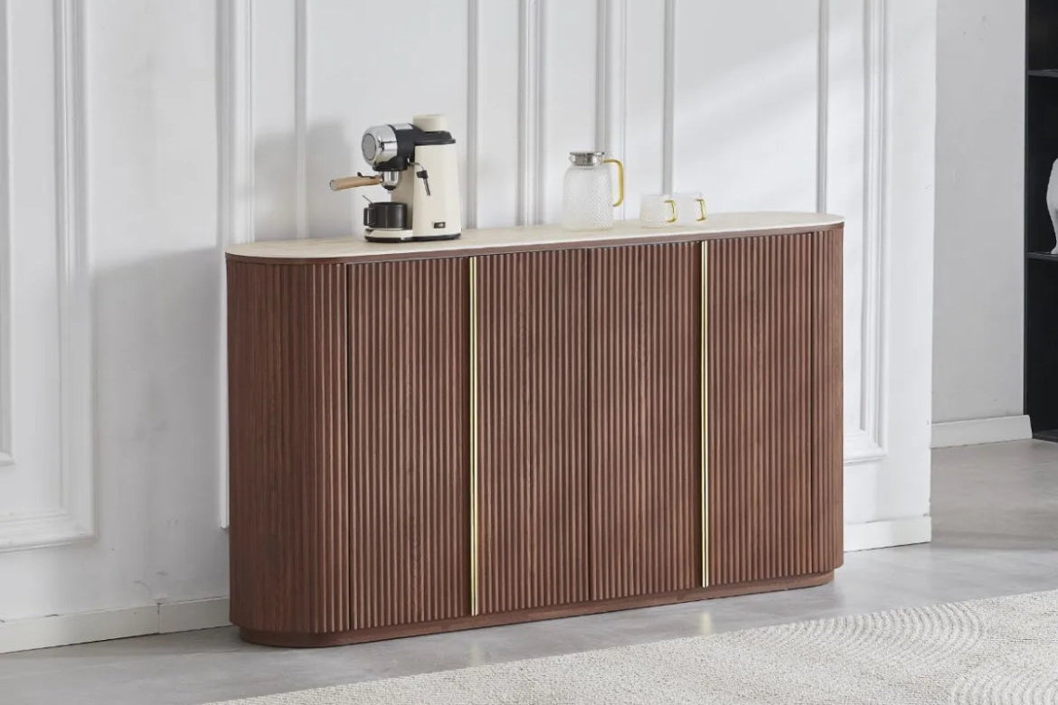 Buffet CALYPSO Céramique Travertin et Noyé – 180 cm, 4 Portes