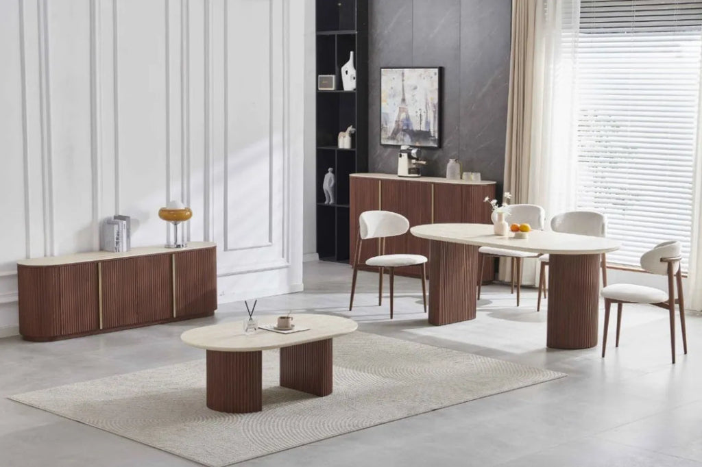 Buffet CALYPSO Céramique Travertin et Noyé – 180 cm, 4 Portes