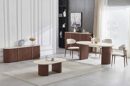 Buffet CALYPSO Céramique Travertin et Noyé – 180 cm, 4 Portes