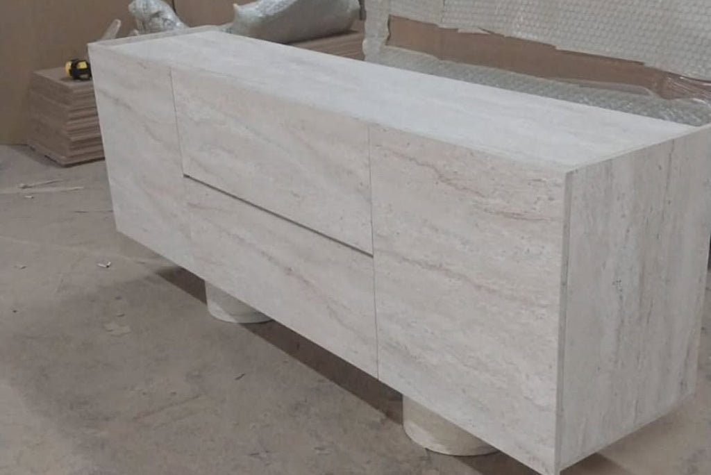 Buffet Effet Travertin – 200 cm, 2 Portes et 2 Tiroirs