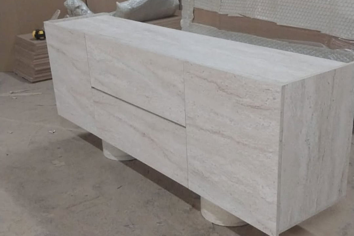Buffet Effet Travertin – 200 cm, 2 Portes et 2 Tiroirs
