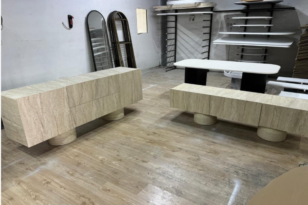 Buffet Effet Travertin – 200 cm, 2 Portes et 2 Tiroirs