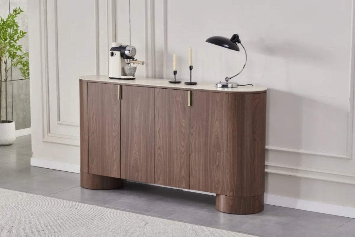 Buffet MAYA Céramique Travertin et Noyé – 180 cm, 4 Portes